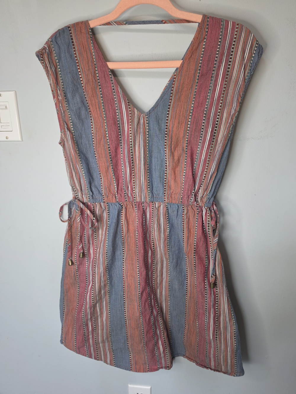 Universal Thread Goods Co Striped Boho Mini Dress Drawstring Side Tie V-Neck Med